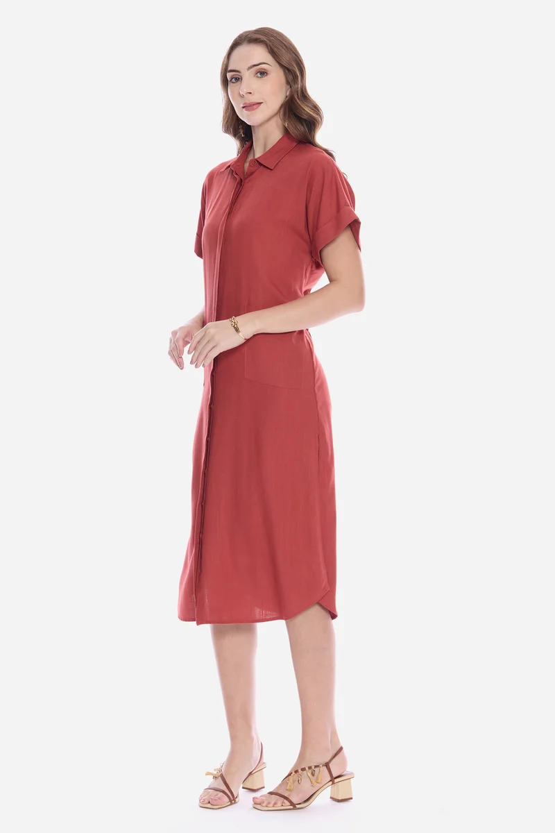 Oleah|100% Viscose Shirt Dress With Patch Pocket