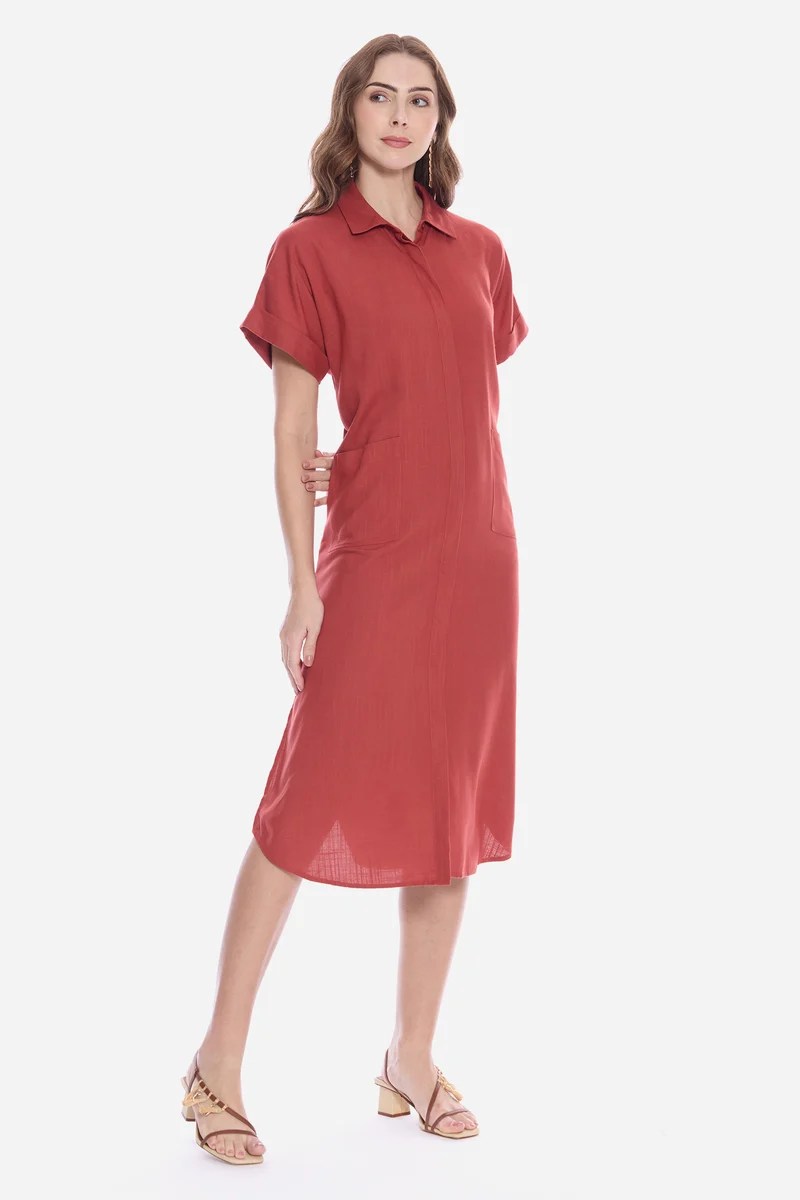Oleah|100% Viscose Shirt Dress With Patch Pocket