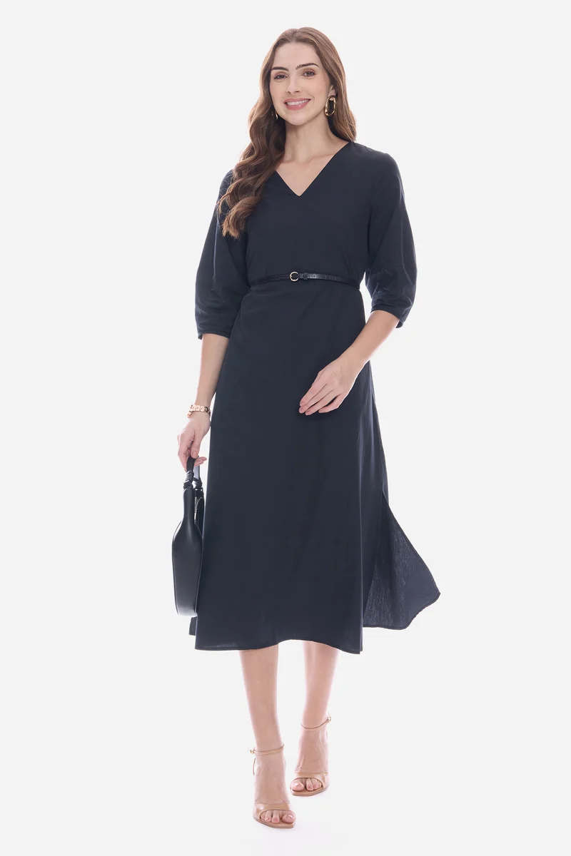 Olmy|100% Cotton V-Neck Relaxed Fit Midi Dress