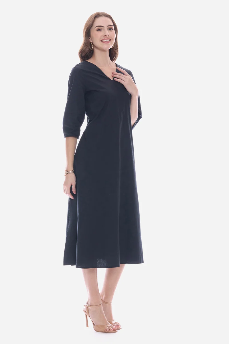 Olmy|100% Cotton V-Neck Relaxed Fit Midi Dress