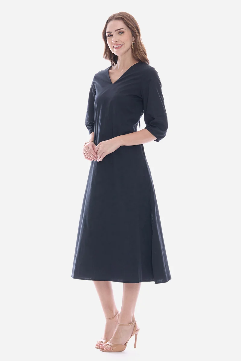 Olmy|100% Cotton V-Neck Relaxed Fit Midi Dress