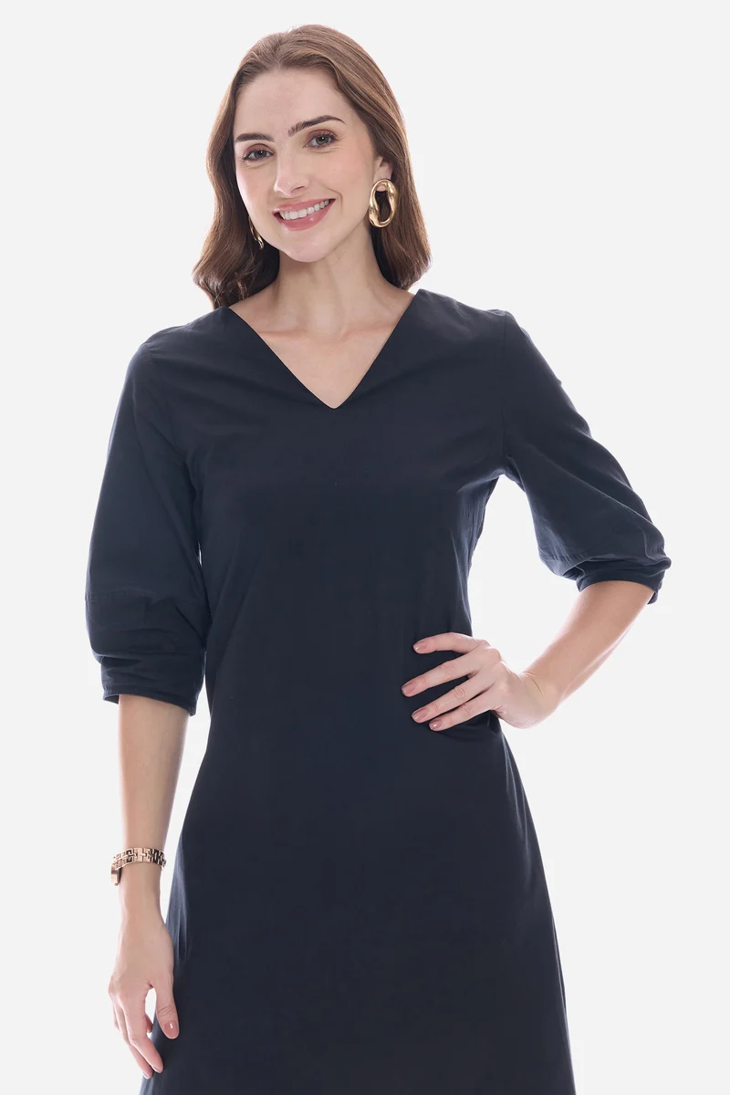 Olmy|100% Cotton V-Neck Relaxed Fit Midi Dress