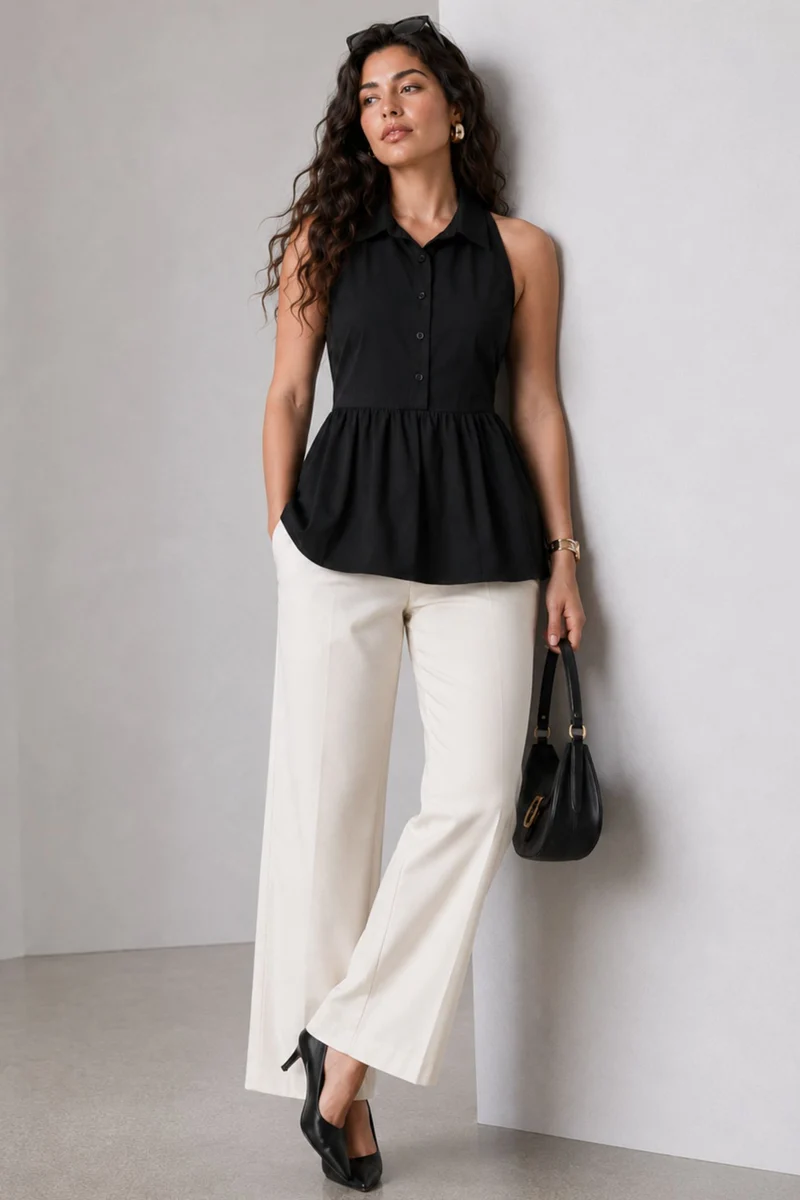 Nasel|100% Cotton Collared Halter Neck Peplum Top