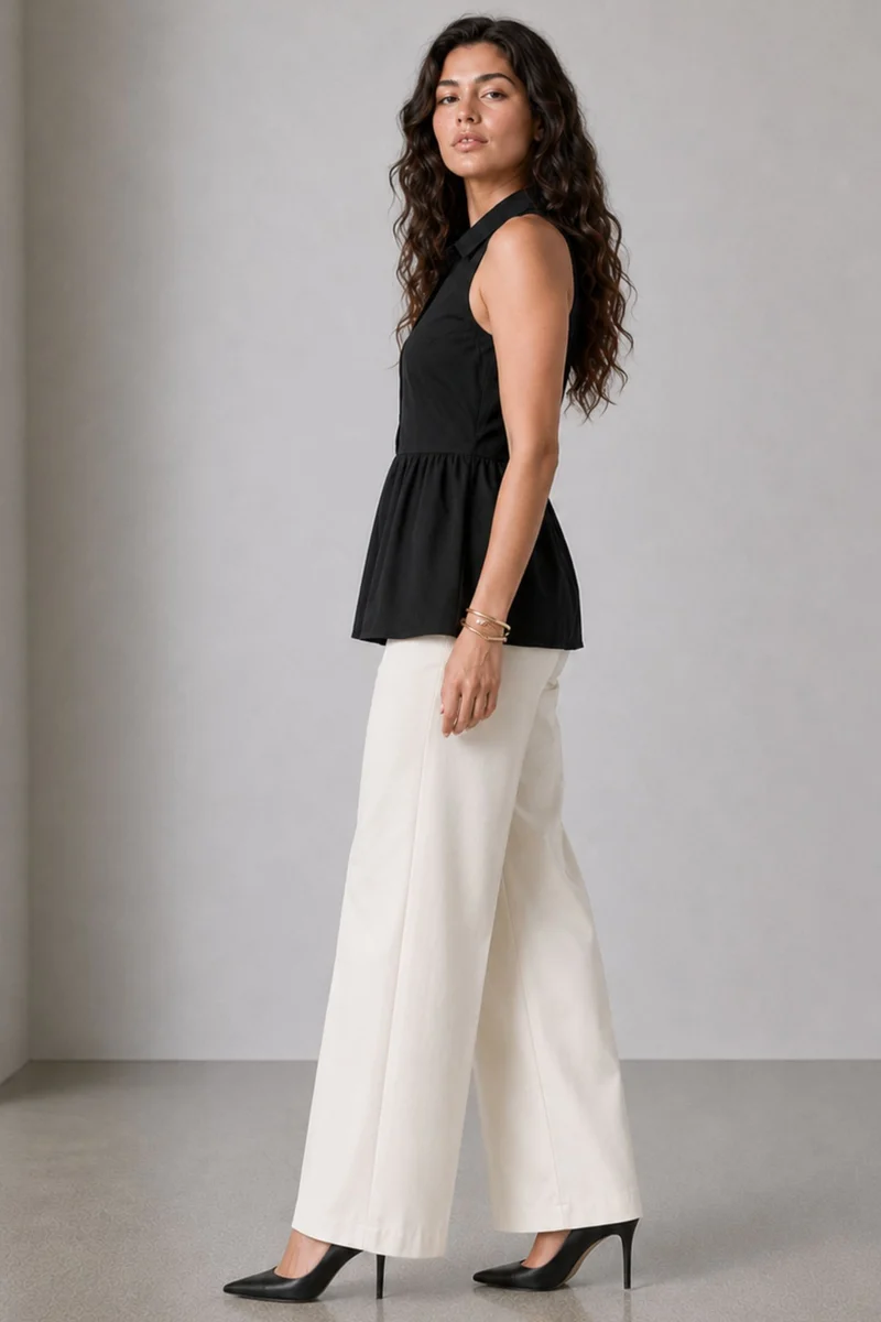 Nasel|100% Cotton Collared Halter Neck Peplum Top