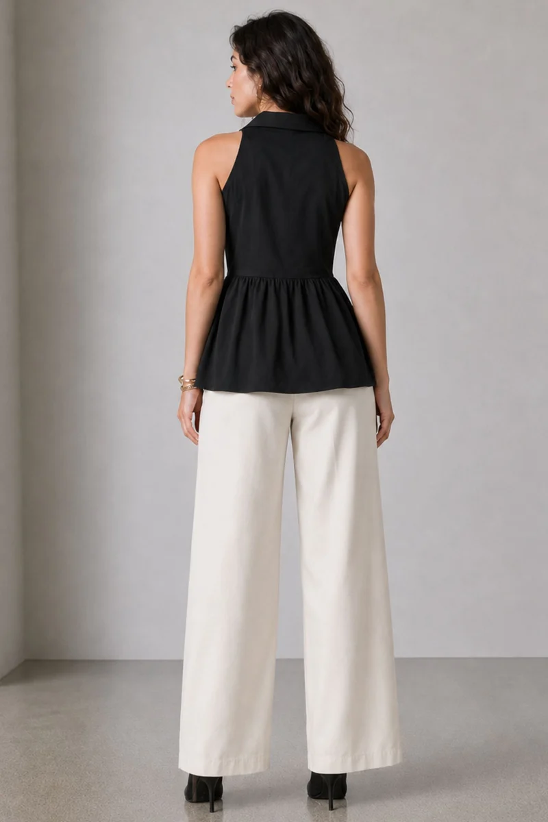 Nasel|100% Cotton Collared Halter Neck Peplum Top