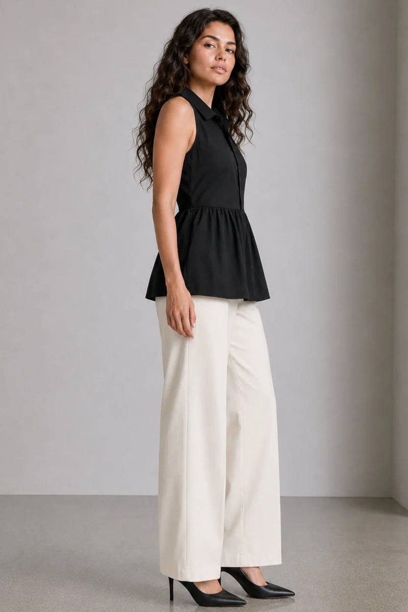 Nasel|100% Cotton Collared Halter Neck Peplum Top