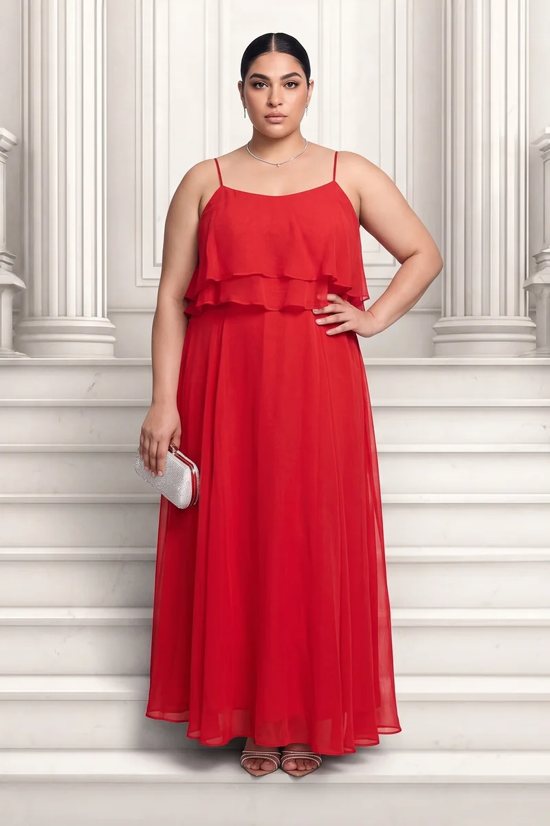Vima|Viscose Strappy Ruffle Flared Gown