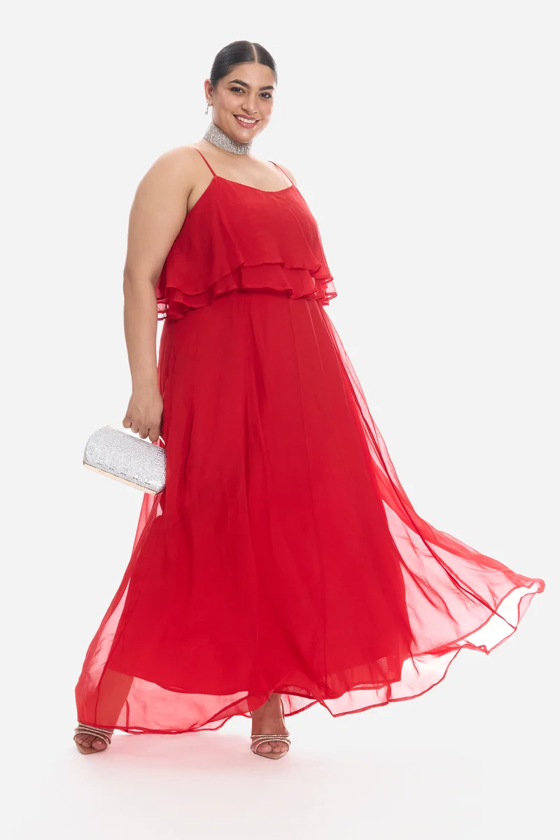Vima|Viscose Strappy Ruffle Flared Gown