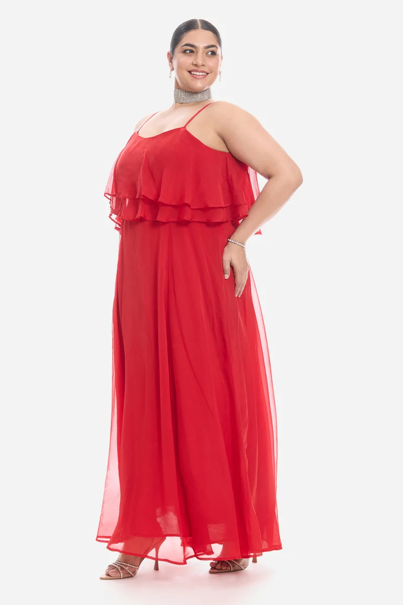 Vima|Viscose Strappy Ruffle Flared Gown
