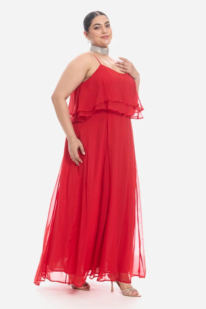 Vima|Viscose Strappy Ruffle Flared Gown