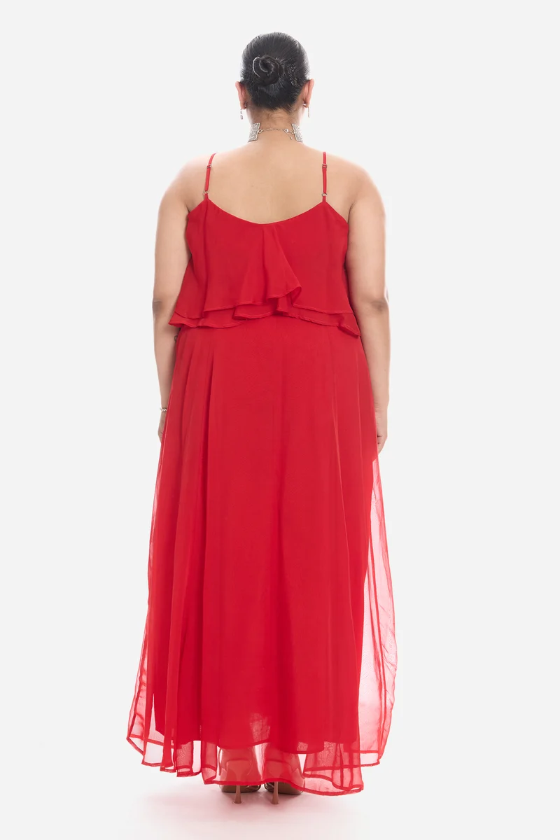Vima|Viscose Strappy Ruffle Flared Gown