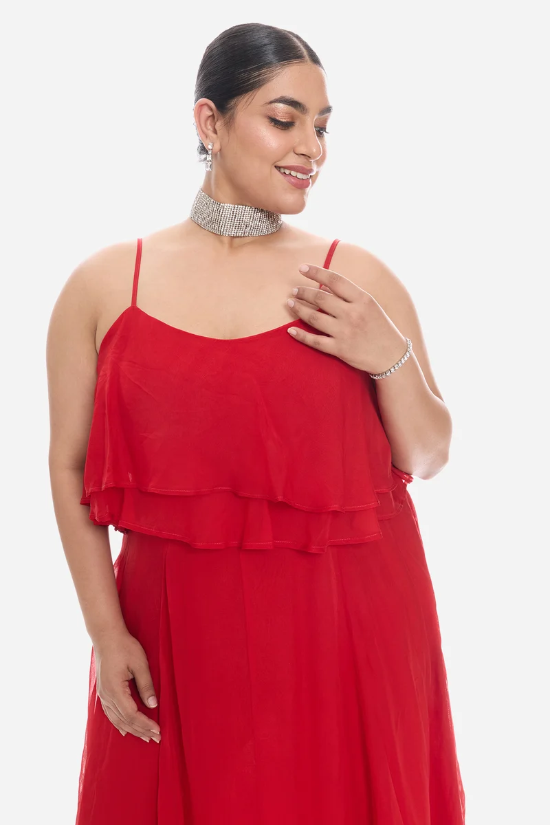 Vima|Viscose Strappy Ruffle Flared Gown