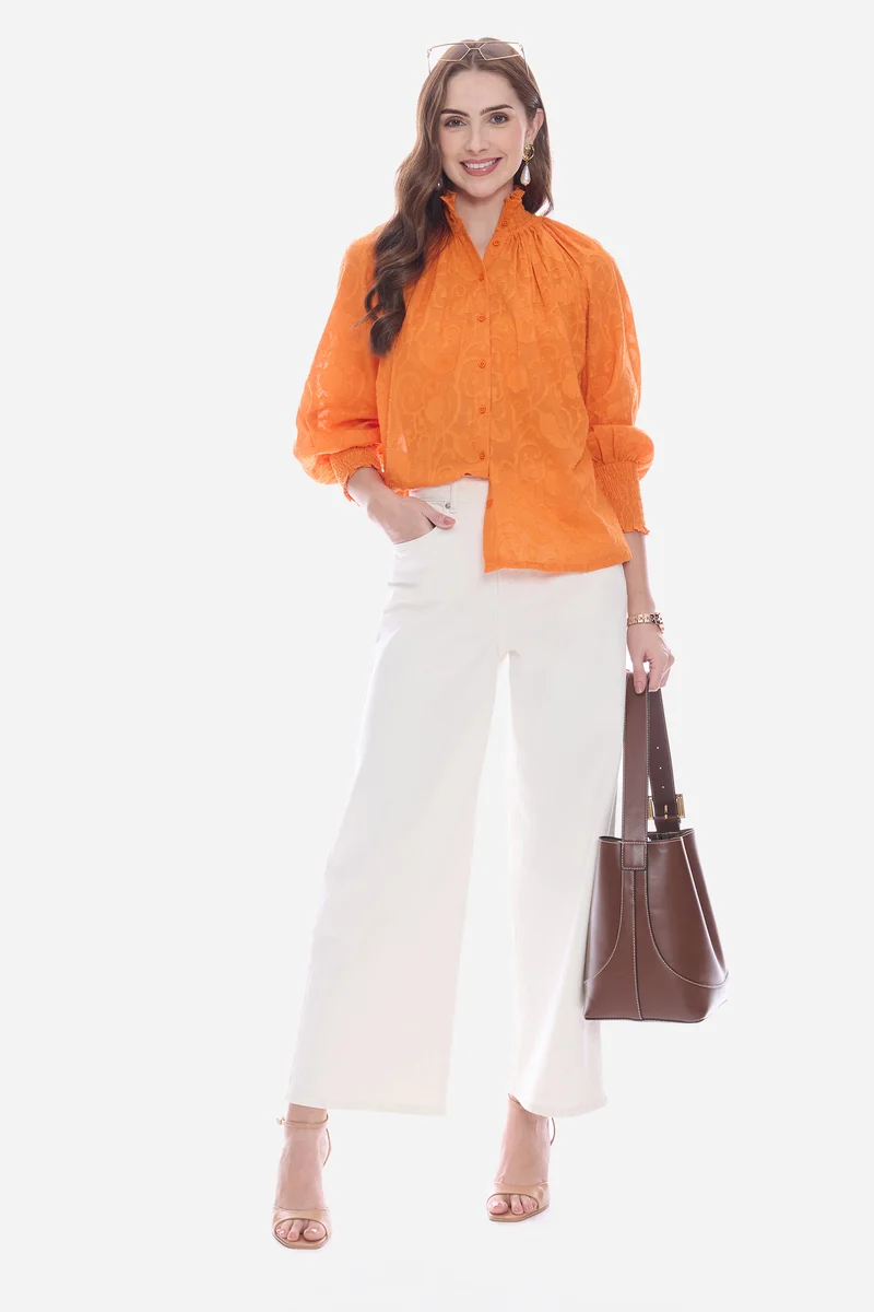 Salna|100% Cotton Smocked High Neck Shirt