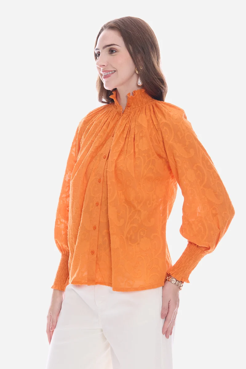 Salna|100% Cotton Smocked High Neck Shirt
