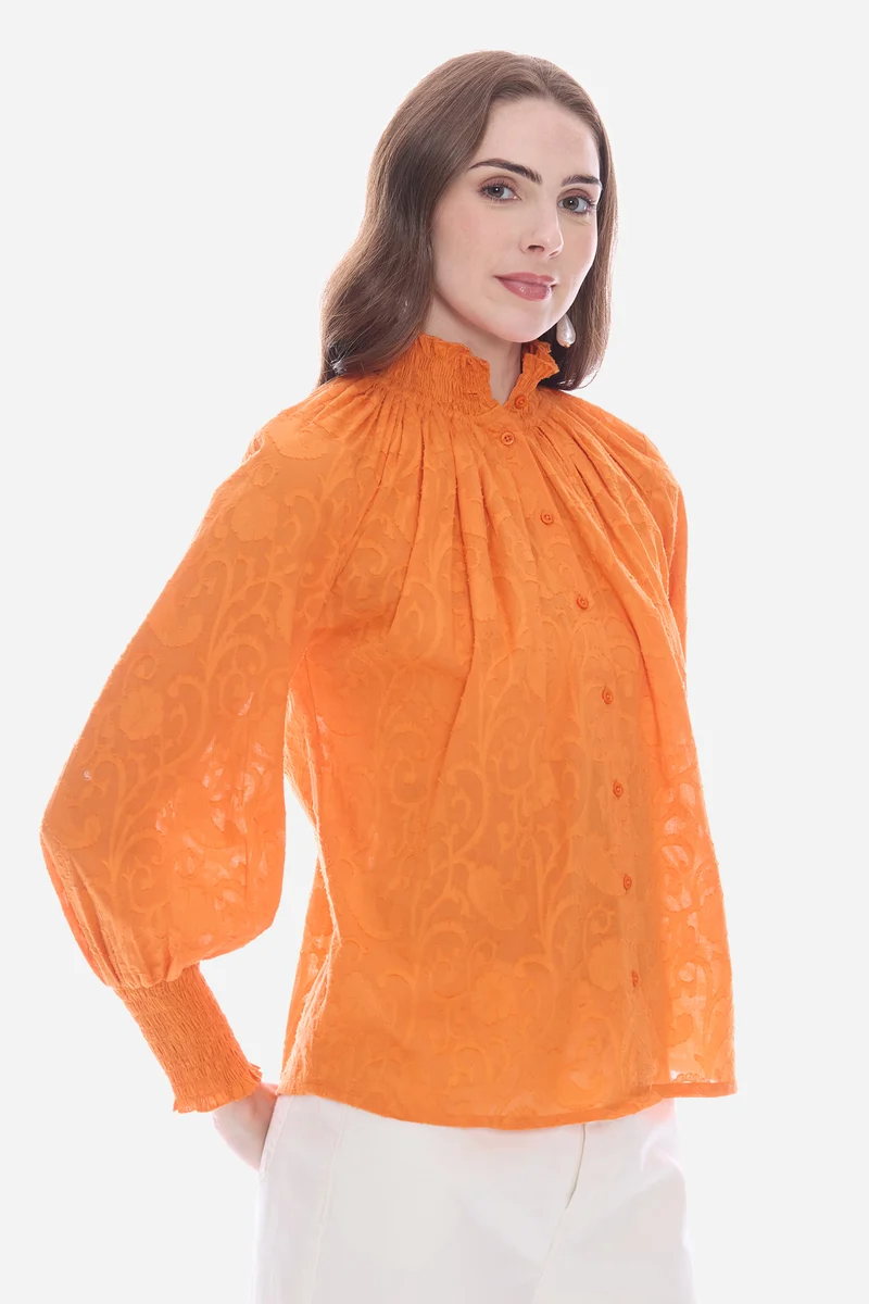 Salna|100% Cotton Smocked High Neck Shirt