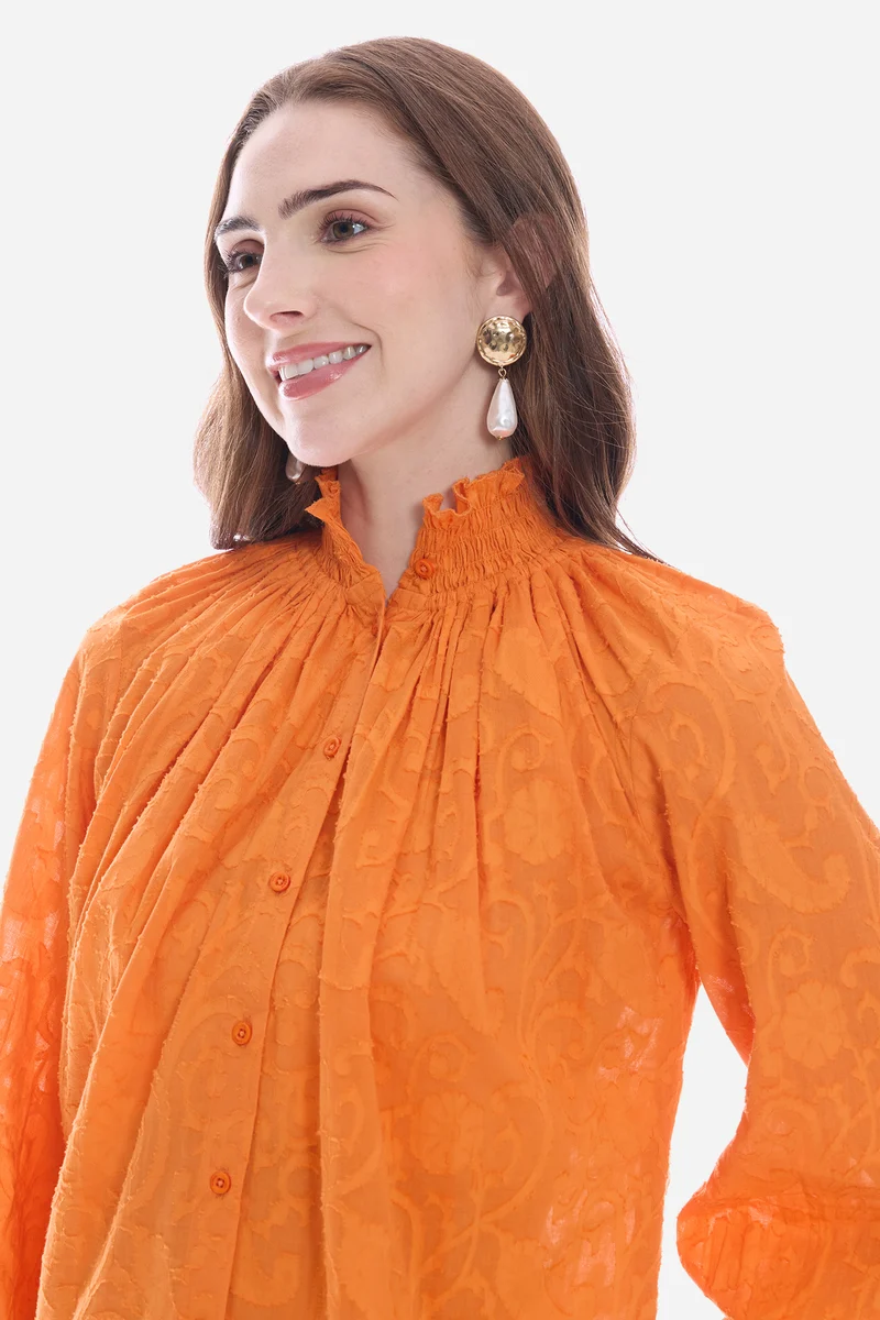 Salna|100% Cotton Smocked High Neck Shirt