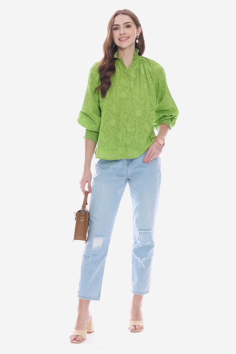 Salis|100% Cotton Smocked High Neck Shirt