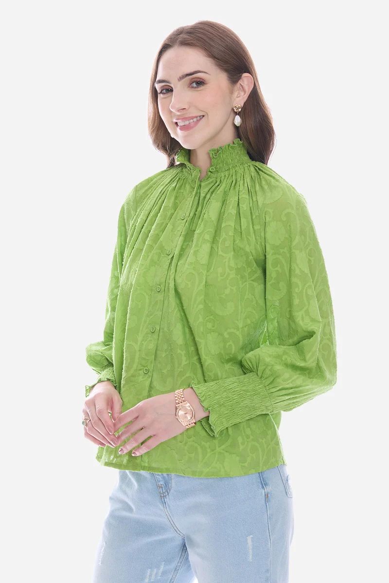 Salis|100% Cotton Smocked High Neck Shirt