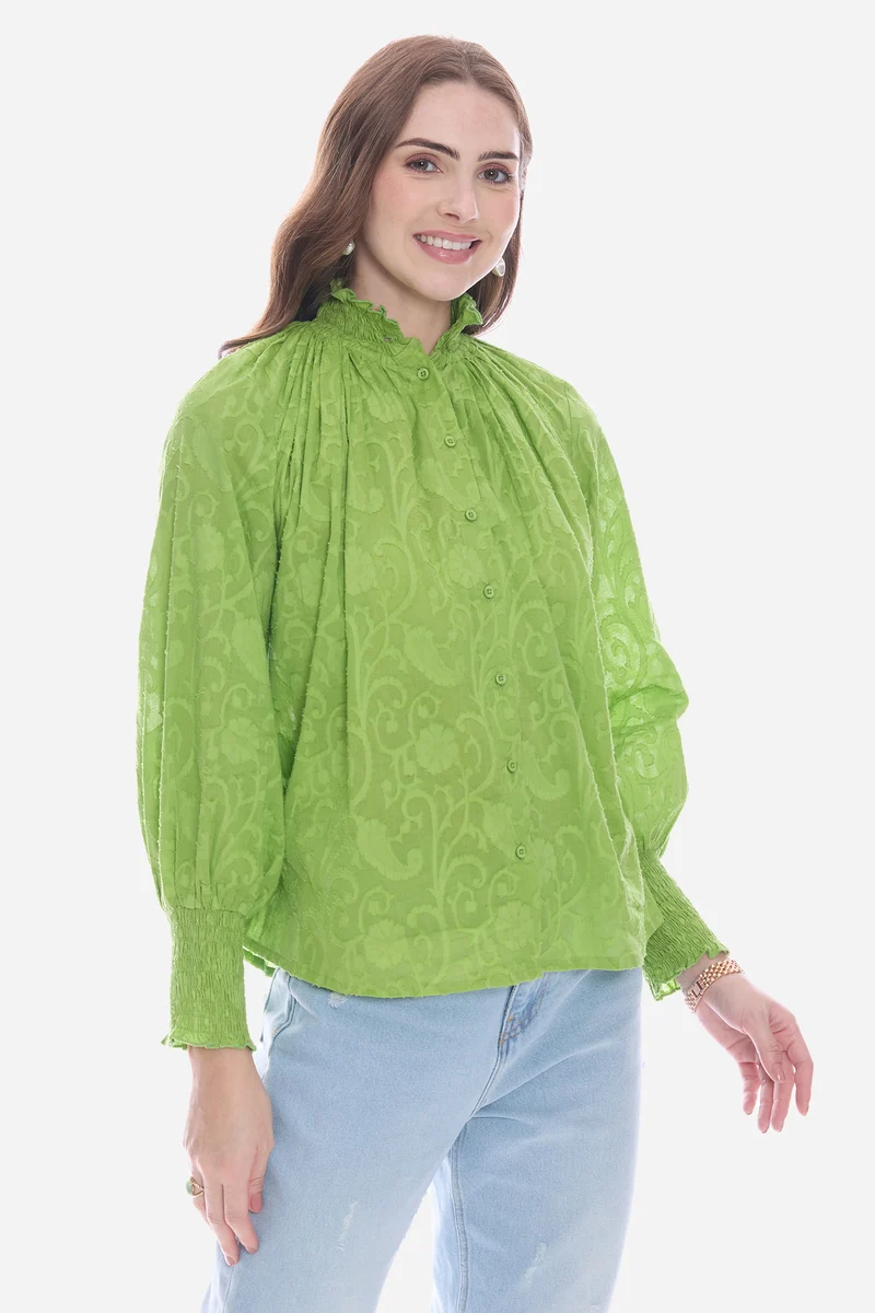 Salis|100% Cotton Smocked High Neck Shirt