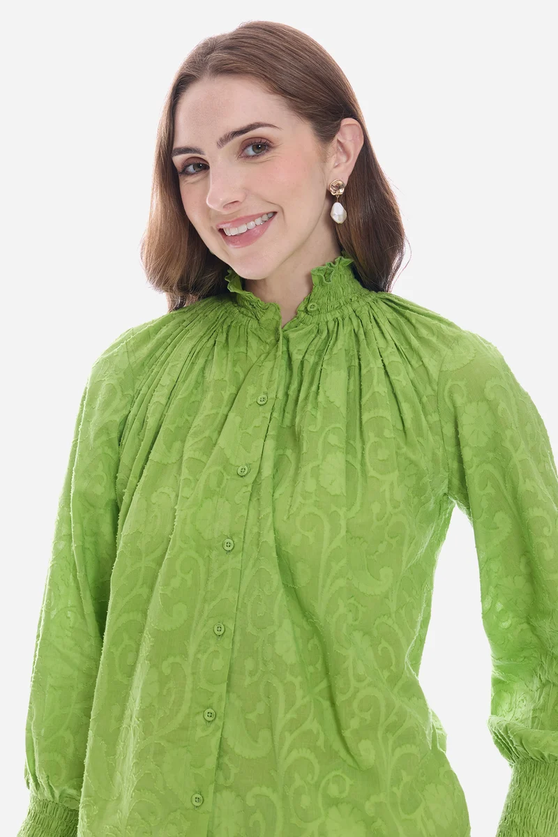 Salis|100% Cotton Smocked High Neck Shirt