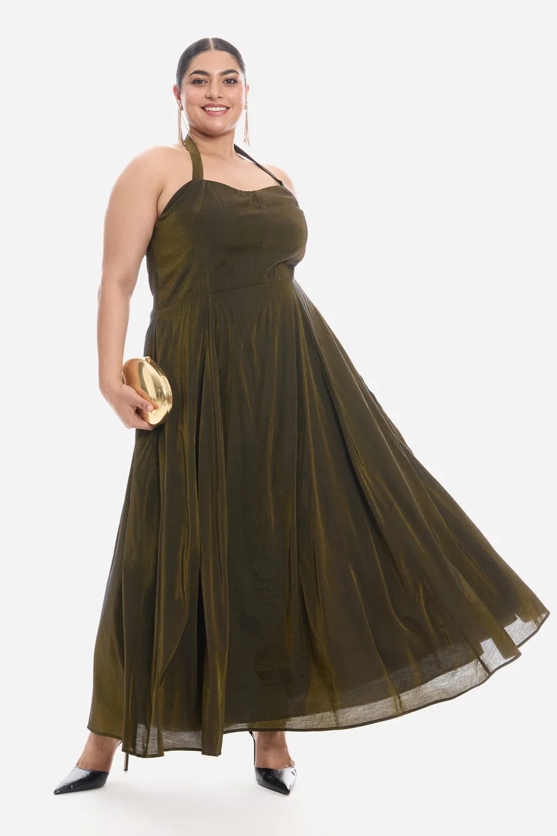 Visah|Viscose Halter Neck Sweetheart Midi Dress