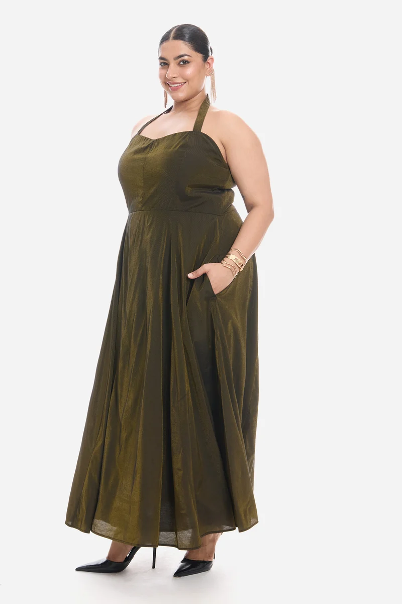 Visah|Viscose Halter Neck Sweetheart Midi Dress
