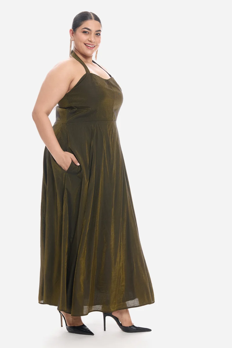 Visah|Viscose Halter Neck Sweetheart Midi Dress