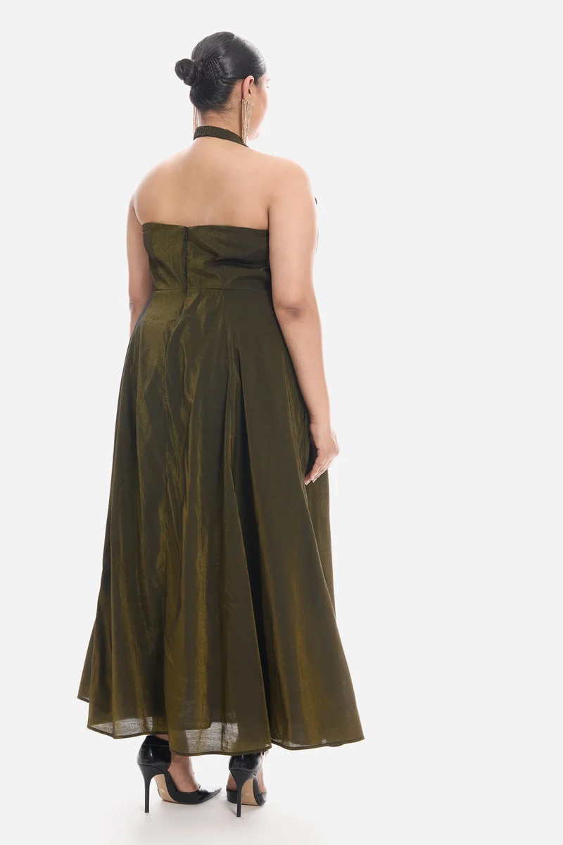 Visah|Viscose Halter Neck Sweetheart Midi Dress