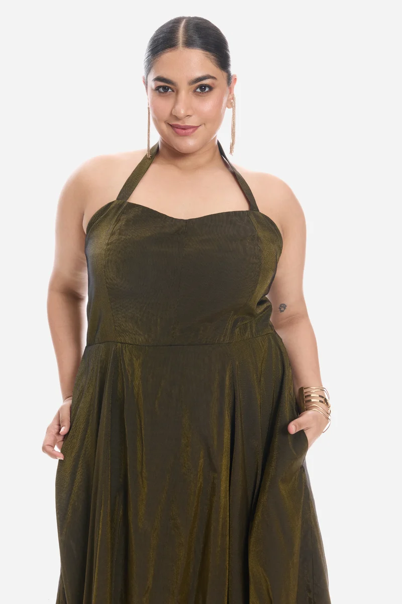 Visah|Viscose Halter Neck Sweetheart Midi Dress