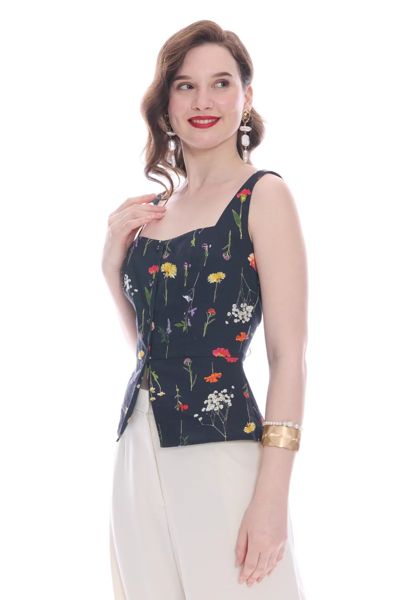 Savla|100% Cotton Satin Waistcoat With Peplum