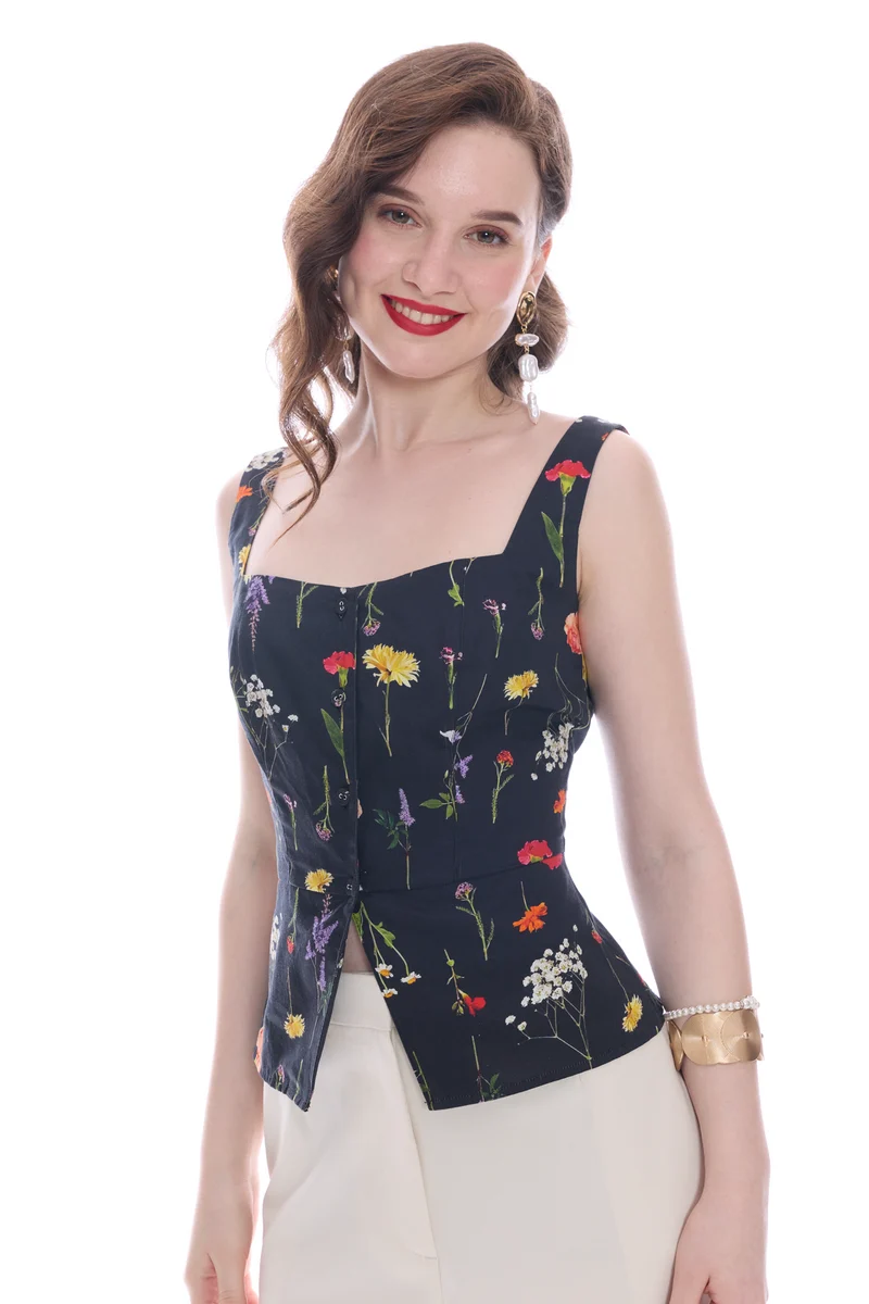 Savla|100% Cotton Satin Waistcoat With Peplum