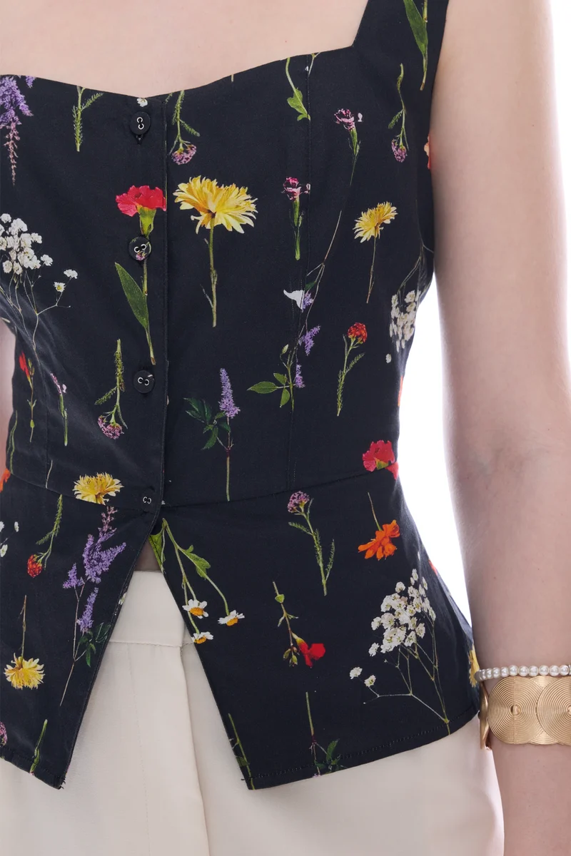 Savla|100% Cotton Satin Waistcoat With Peplum