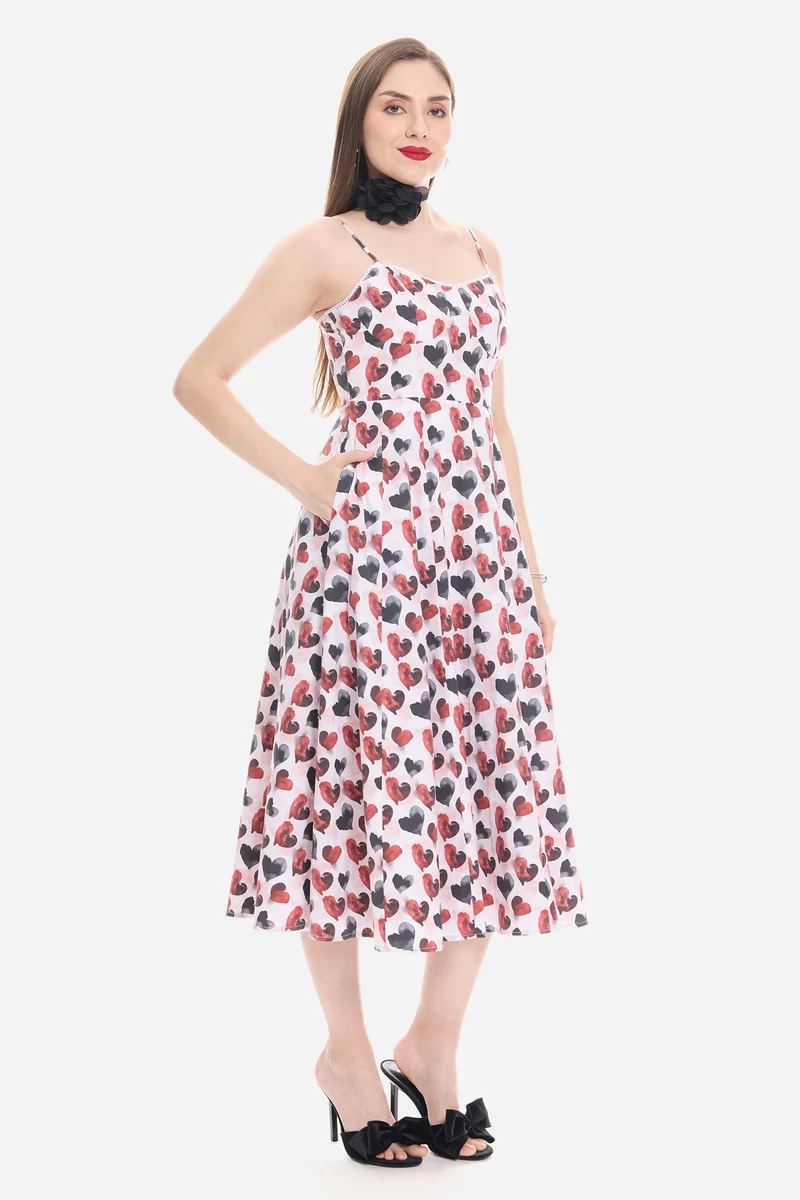 Samna|100% Cotton Sweetheart Lace Midi Dress