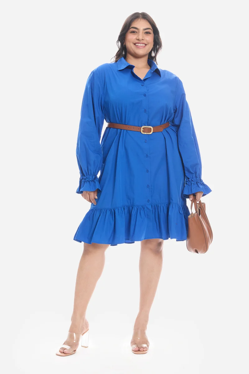 Soven|Cotton Mini Shirt Dress With Ruffle