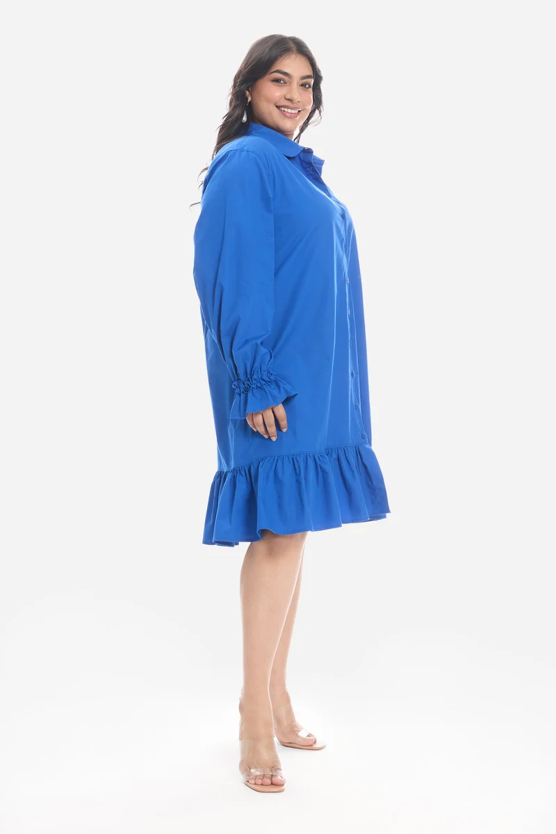Soven|Cotton Mini Shirt Dress With Ruffle
