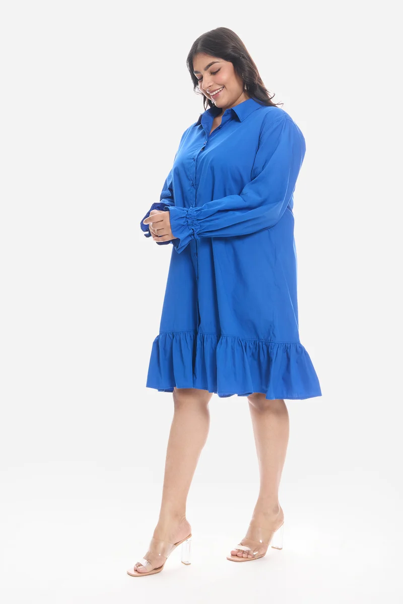 Soven|Cotton Mini Shirt Dress With Ruffle