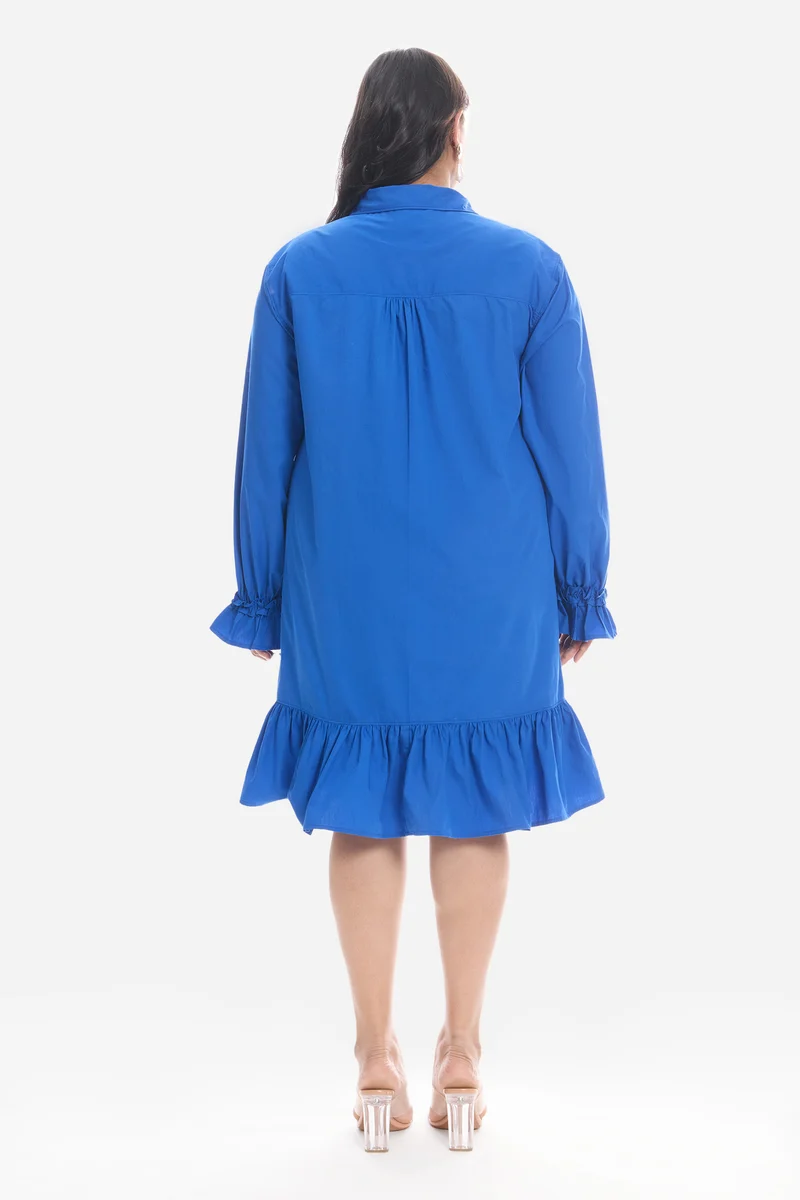 Soven|Cotton Mini Shirt Dress With Ruffle