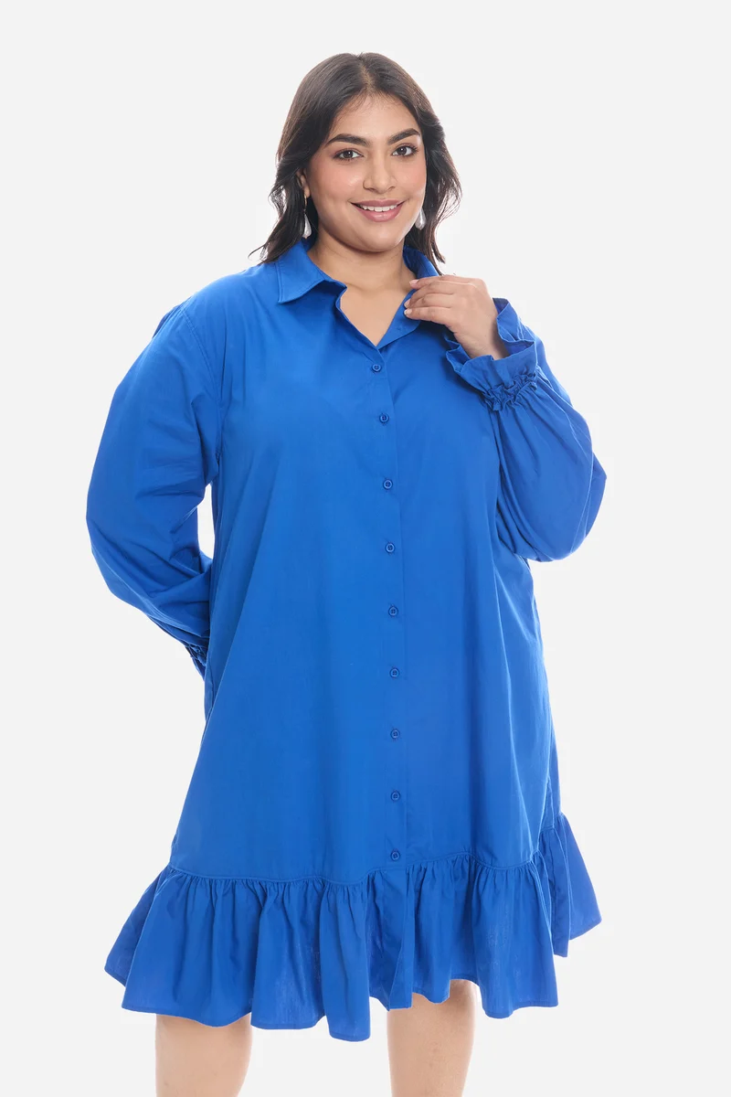 Soven|Cotton Mini Shirt Dress With Ruffle