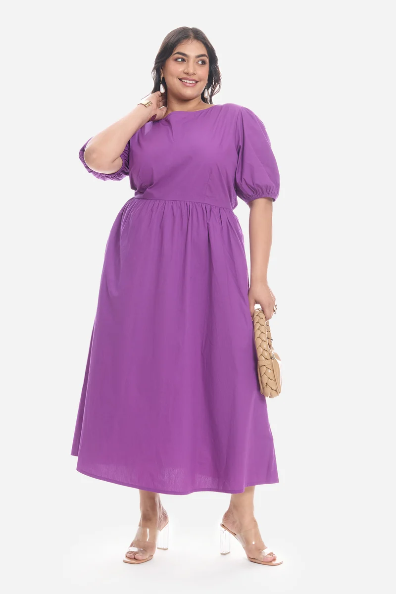 Sotla|Cotton Midi Dress With Puff Sleeve