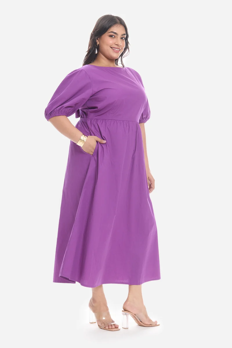 Sotla|Cotton Midi Dress With Puff Sleeve