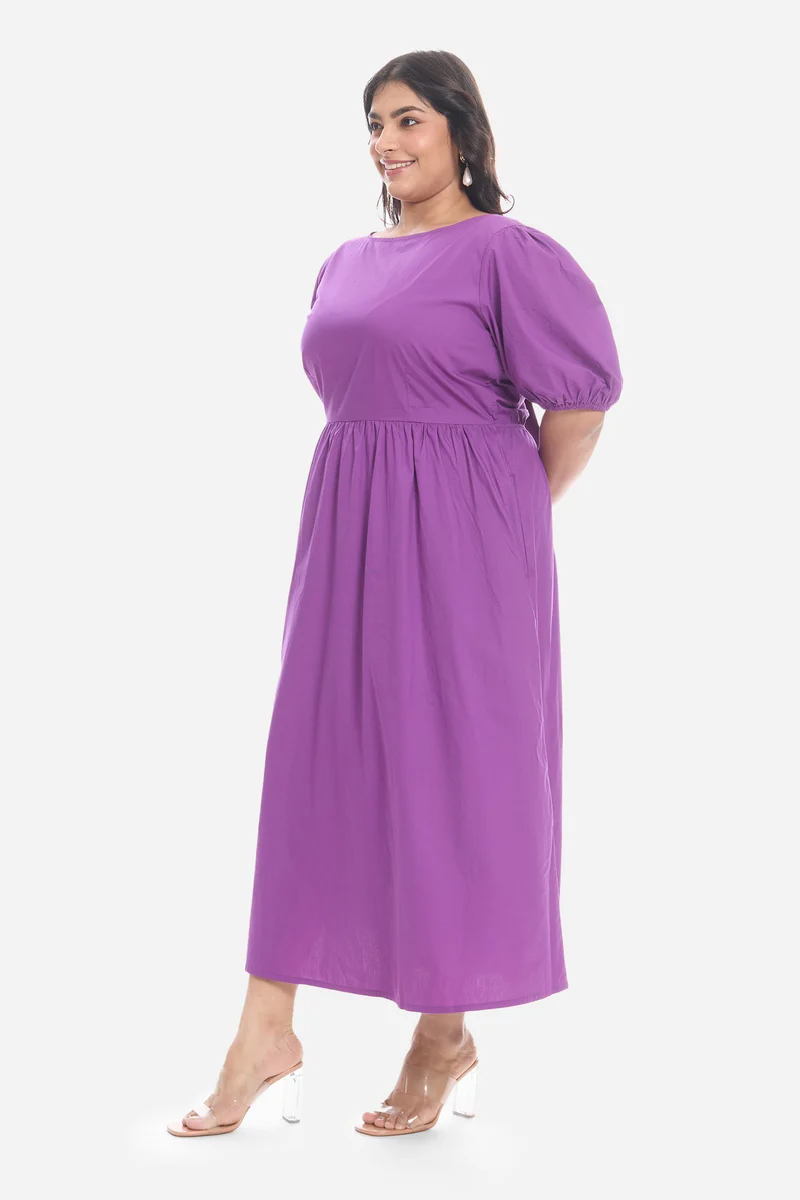 Sotla|Cotton Midi Dress With Puff Sleeve
