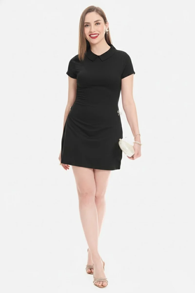 Sasel|100% Cotton Satin Collared Mini Dress