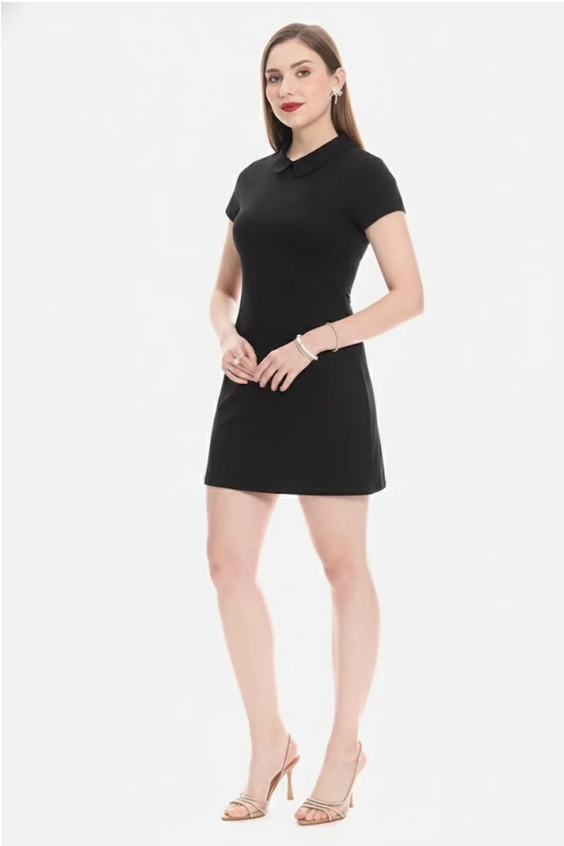 Sasel|100% Cotton Satin Collared Mini Dress