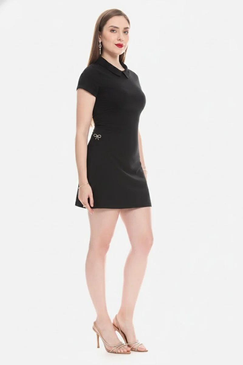 Sasel|100% Cotton Satin Collared Mini Dress