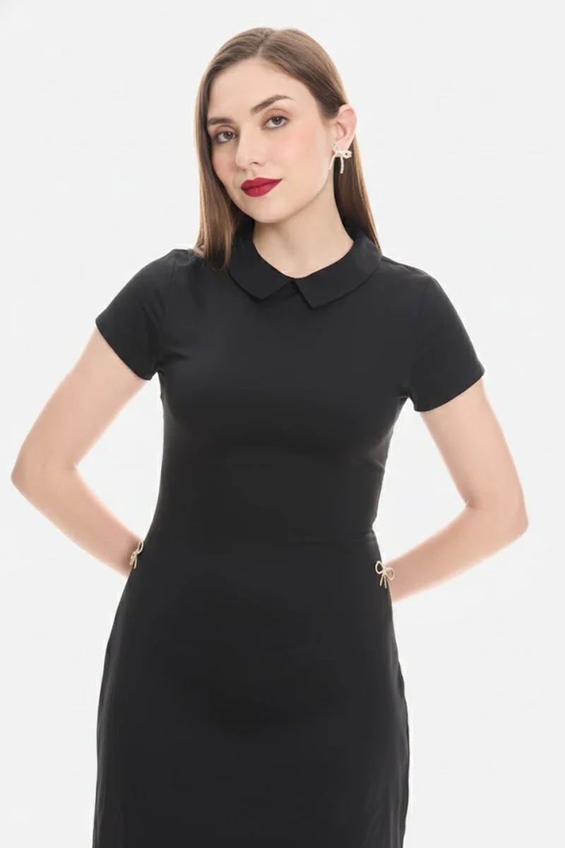 Sasel|100% Cotton Satin Collared Mini Dress