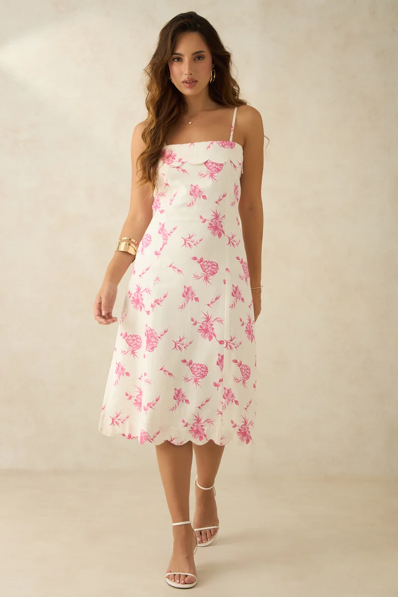 Lisha|Linen Printed Scalloped Hem Midi Dress