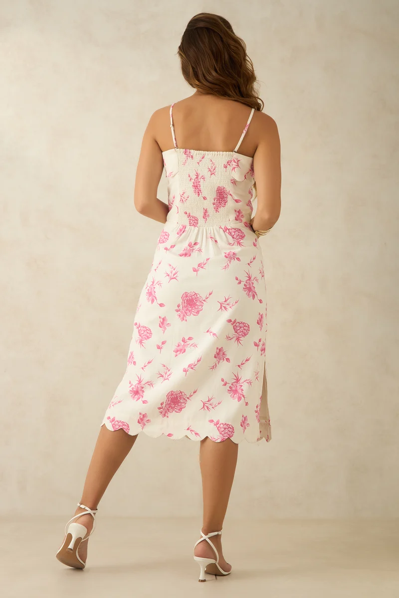 Lisha|Linen Printed Scalloped Hem Midi Dress
