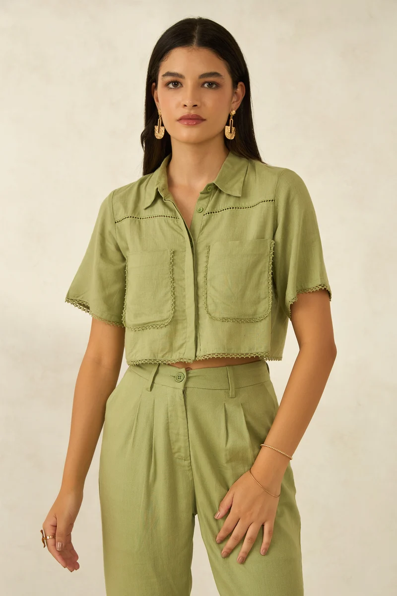 Nell|Linen Printed Cropped Boxy Fit Lace Shirt