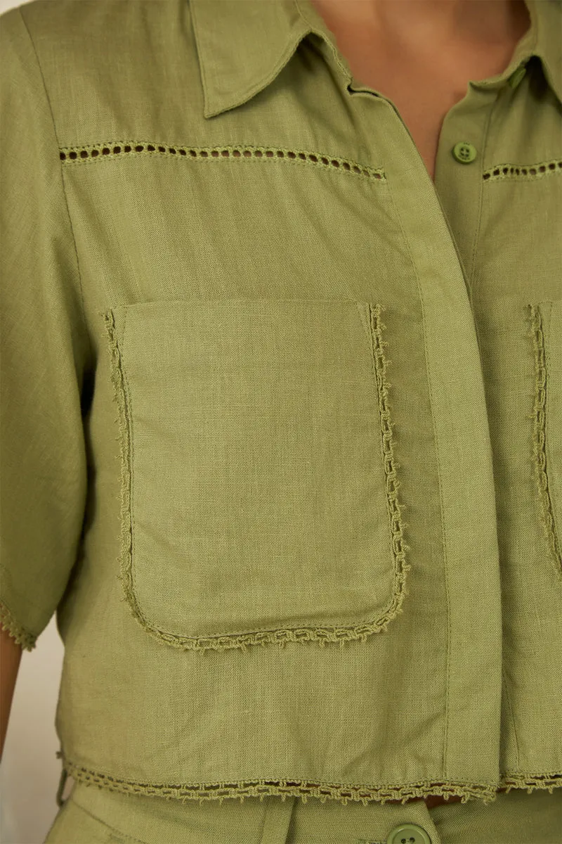 Nell|Linen Printed Cropped Boxy Fit Lace Shirt