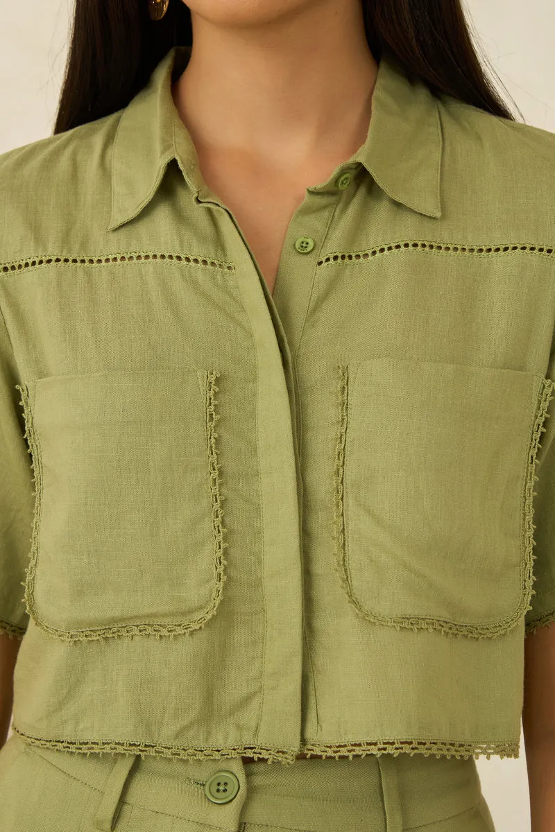 Nell|Linen Printed Cropped Boxy Fit Lace Shirt